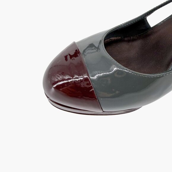 Chanel Gray Burgundy Patent Cap Toe Slingback Platform Pumps Size 37.5 US 6.5–7 - Picture 12 of 15